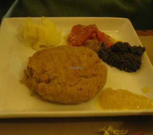 Burger entree.  The 'sides' look like baby food but they were seasoned well.  at Amaltea in Barcelona