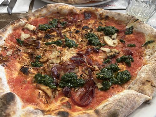 VG special with pesto and caramelised onions   at Franco Manca - Kings Cross in North London