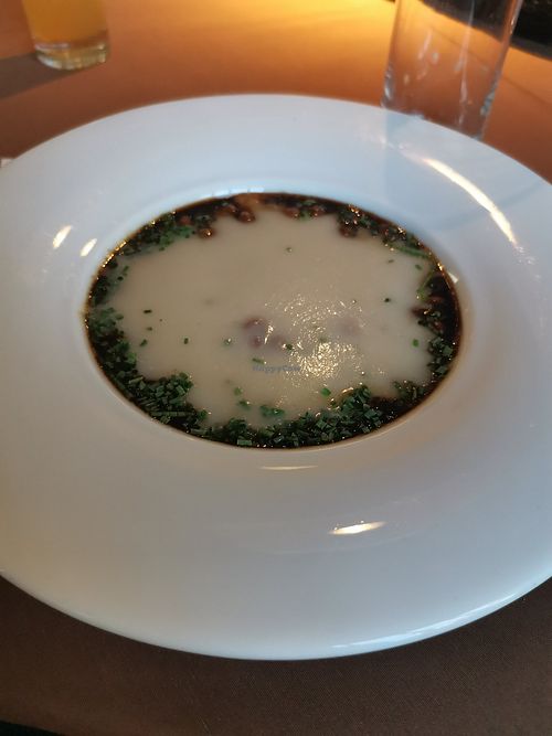 Celery cream soup with marinated-fried chickpeas at Kistücsök Étterem in Balatonszemes