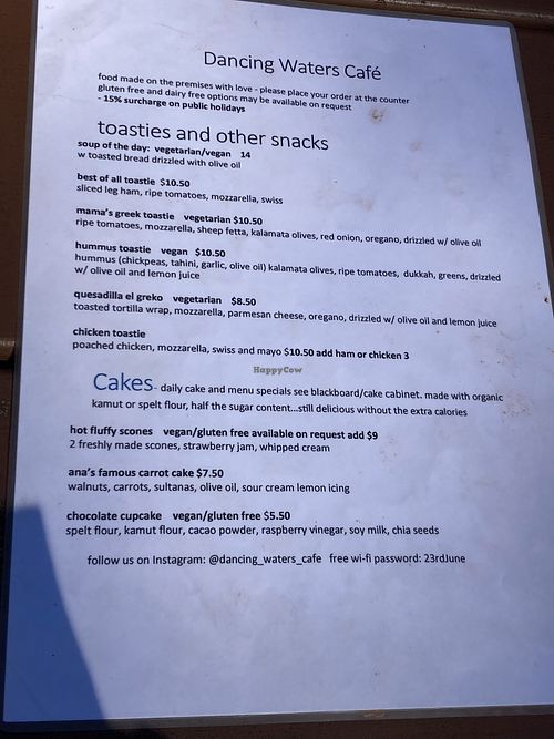 food menu  at Dancing Waters Cafe in Springbrook