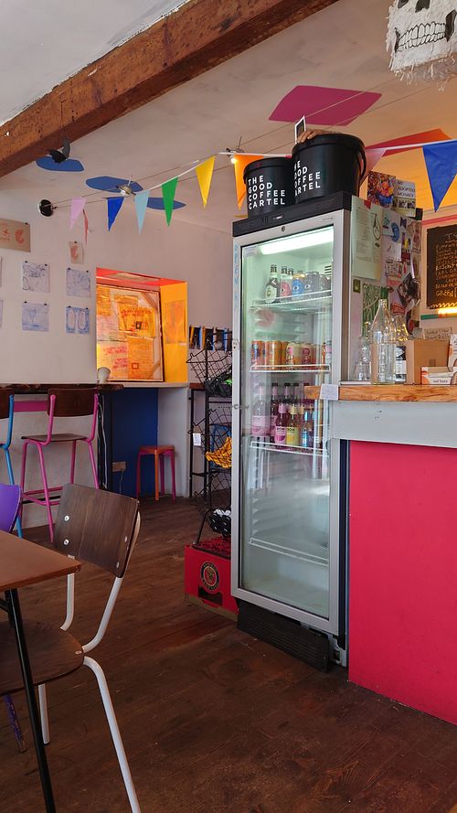 Fridge with beverages at Ushi's Coffee Corner in Glasgow