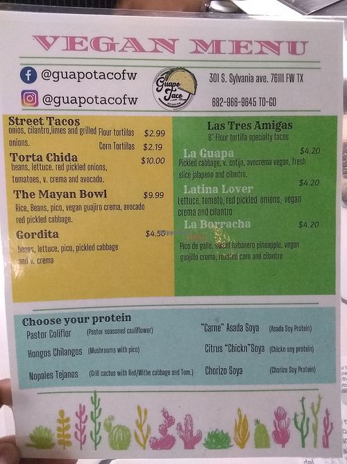 Vegan menu at Guapo Taco in Fort Worth