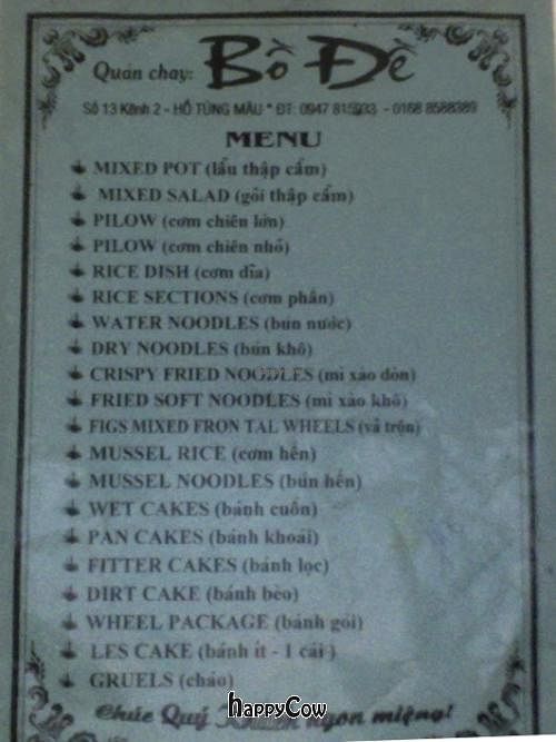 Small One-page English menu at Bo De Quan - Ho Tung Mau in Vinh