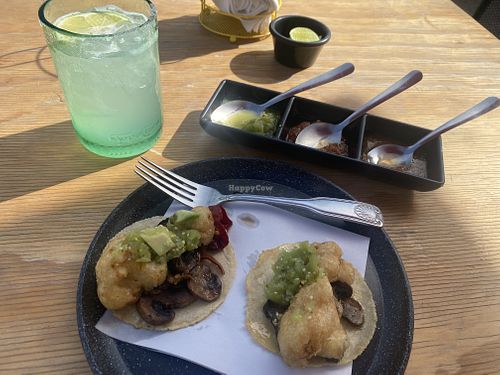 Fresh fried cauliflower and mushroom vegan tacos!  at 5 Tacos And A Beer in Todos Santos