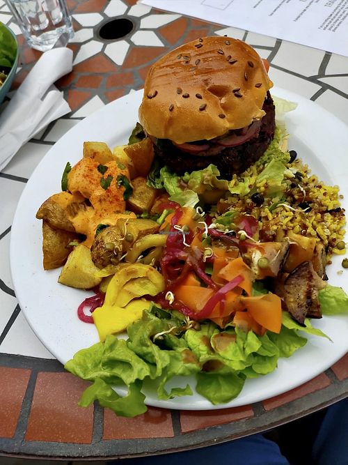 Tasty tasty tasty vegan burger at Woodruffs Organic Cafe in Stroud