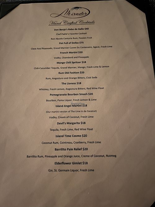 Menu  at Mirador in St Thomas