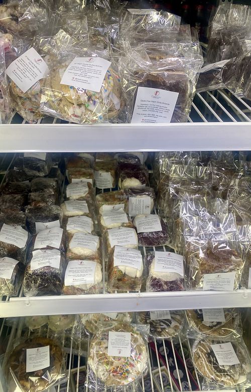 Gluten-free vegan baked goods in refrigerator   at Coco Luv in Los Angeles