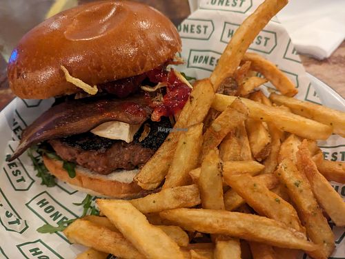 Vegan Christmas burger with camembert, bacon and cranberry sauce at Honest Burgers - Southbank in South East London