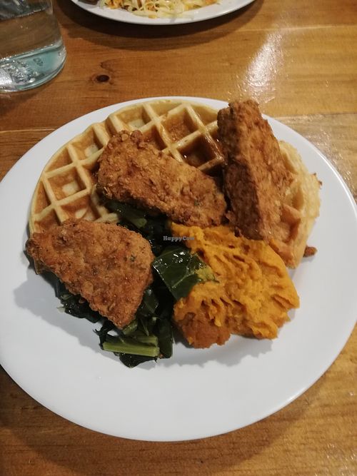 Fake chicken and waffles at The Hogtown Vegan in Toronto