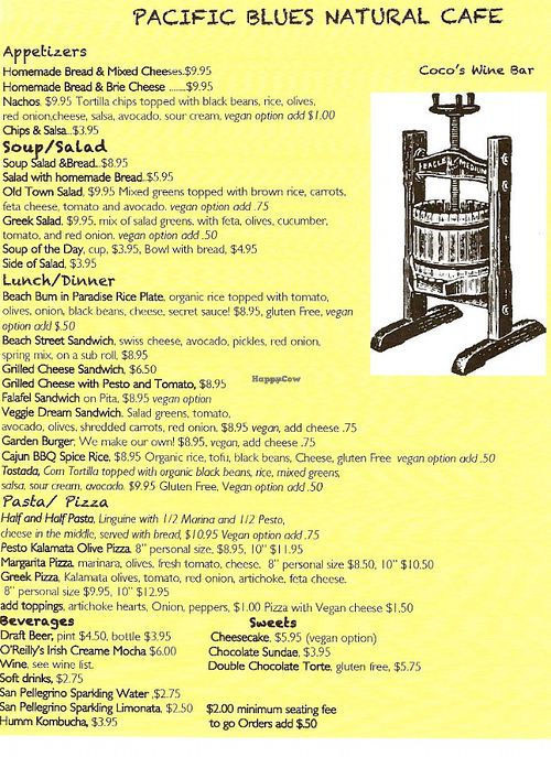 All Vegetarian, MANY vegan options. at Pacific Blues Natural Cafe & Wine Bar in Bandon
