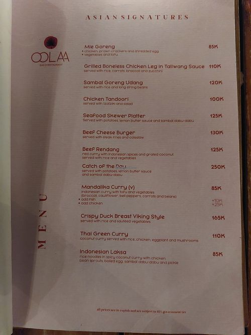 Menu at Gratitude in 