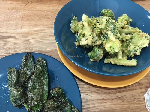 Vegetable tempura served with grilled pimentos padron at Paladares Vegan in Braga