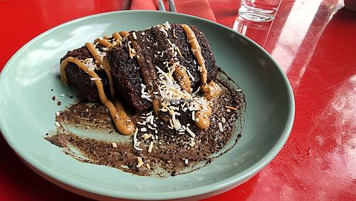 darlene's warm chocolate cake. tasty and how come no option for ice cream. seems like oversight. at Fellow Traveler in Englewood