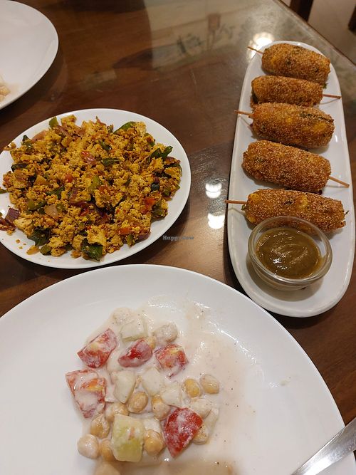 Yogurt chickpea salad, Indian tofu egg, veg kebabs at The Viridian Plate in Chennai