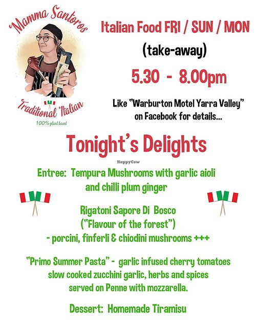 sample menu at Mamma Santoros Pop up Italian Cantina in Warburton
