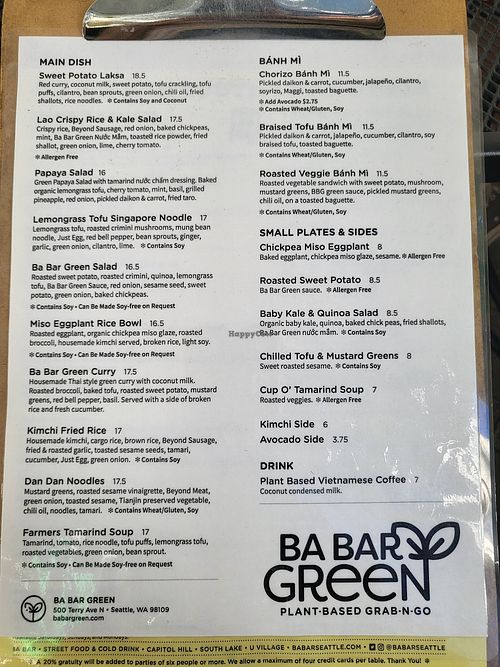 Plant based menu at Ba Bar Green in Seattle