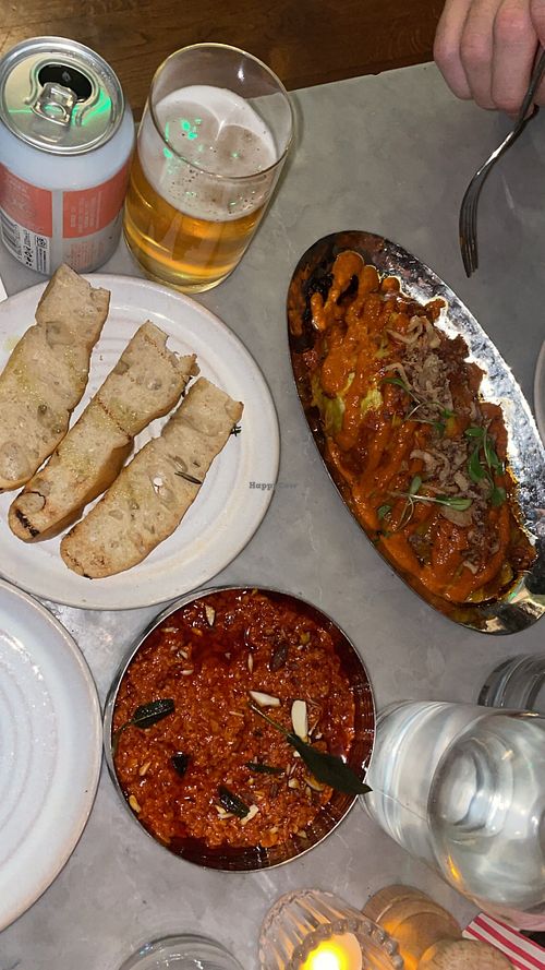 Romesco and a really good cabbage dish on the right   at Mildreds - Covent Garden in London