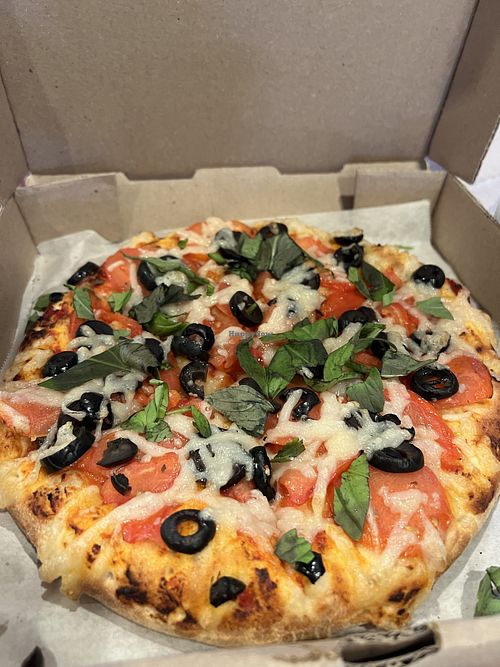 Olive tomato basil vegan cheese   at Pizza Port - Solana Beach in Solana Beach