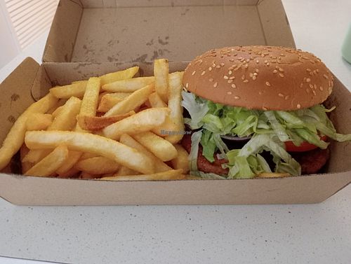 Veef burger with fries - $21 at Fins N Fries in Point Lookout