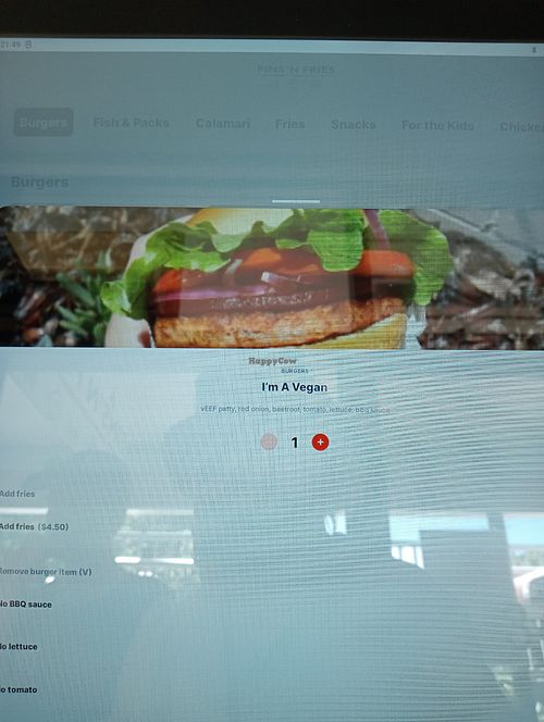 Vegan burger menu at Fins N Fries in Point Lookout