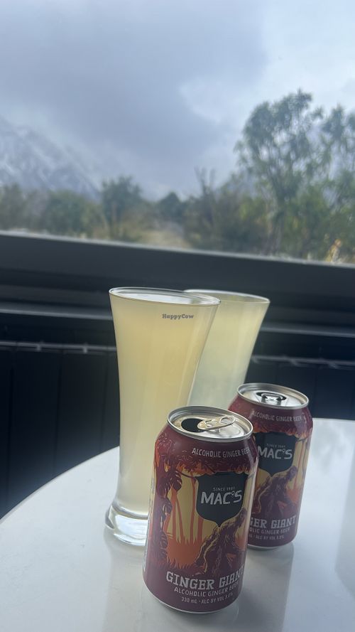 Vegan Ginger Beers with Mt Cook in the background. Believe me, she is there behind the clouds    at The Hermitage Hotel in Mt Cook