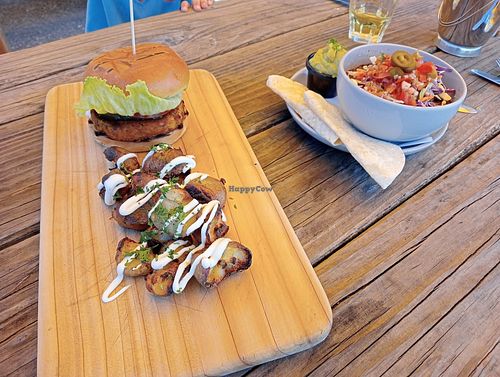Veggie burger with rustic potatoes (and vegan aioli), Black Bean bowl with guacamole instead of sour cream at Golden Bear Brewing in Mapua