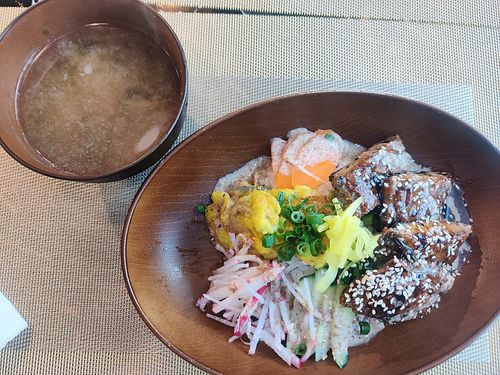 Vegan fish with miso soup, 😍 at White Tara Restaurant in Ulaanbaatar