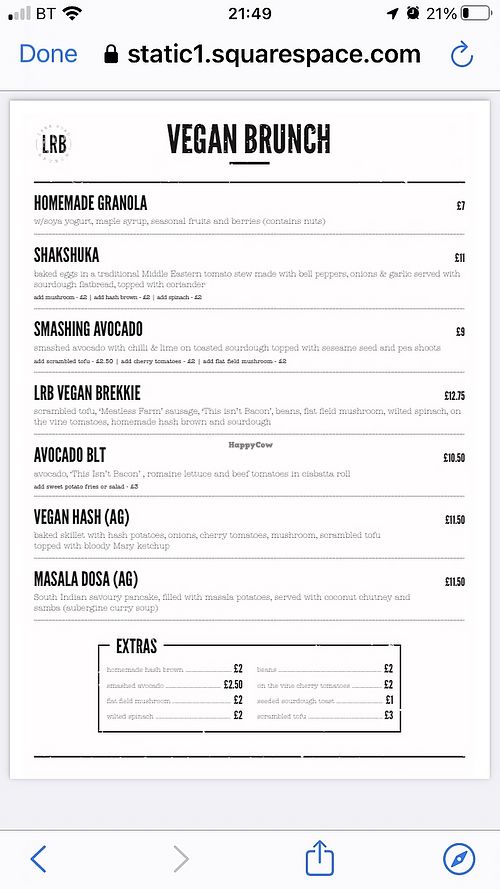 Vegan menu   at Lake Road Brunch in Keswick