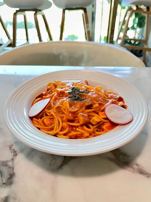 Smoked Tofu Tomato Pasta (with Vegan cheese) at Young Vegan - 有样纯素西点 in Shenzhen
