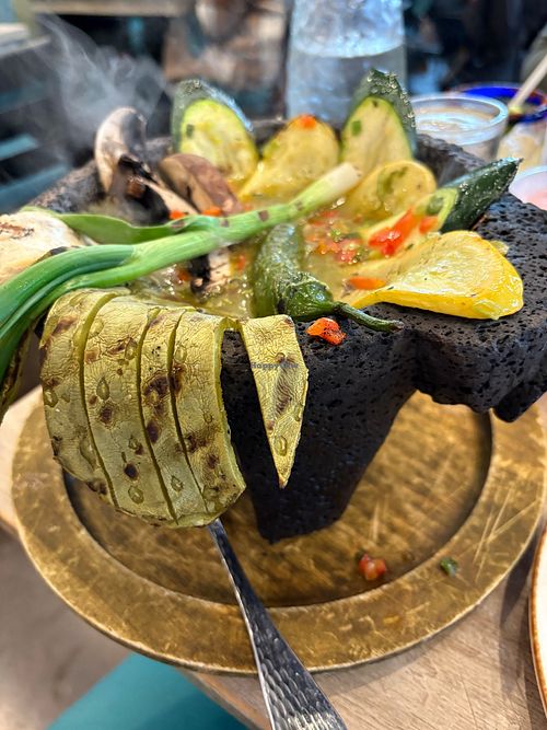Vegan Molcajete (also comes with salsa, guacamole, corn, black beans and corn tortillas on a separate plate) Delicious and a very big meal. at Pueblo in San Diego