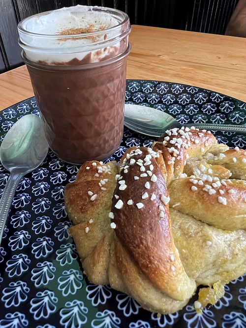 Mexica pudding and cardamom roll   at Magdelena's in Petaluma