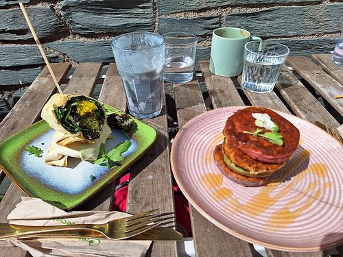 Falafel wrap and pancakes at Rise Plant Kitchen + Movement Studio in Malvern