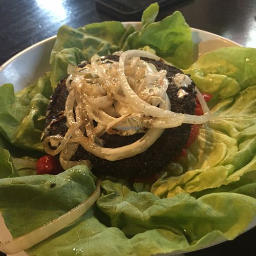 good but greasy! 'vegan on shrooms' w/ lettuce wrap instead of a bun.  at Urban Stack Burger Lounge in Chattanooga