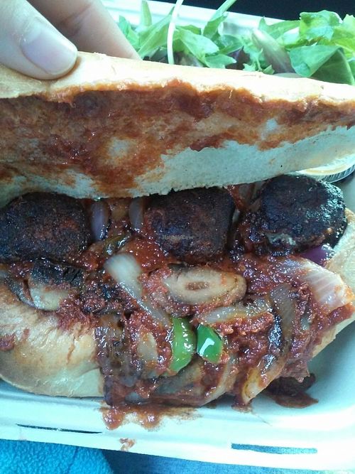 M-ball sandwich. It tastes like spicy banana. at Loving Hut in Claremont