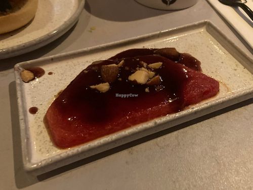 Steak from watermelon and port sauce (tastes a lot better than it looks) at Rozey in Amersfoort