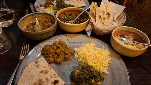 Chana masala, saag khumb (ask for it vegan), tandoori roti and saffron pilau rice at Purple Poppadom in Cardiff