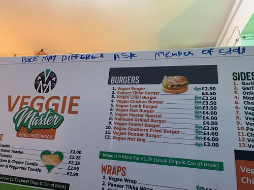 Part of the menu. Bit confusing that the prices aren’t necessarily what’s stated   at Veggie Master in Luton