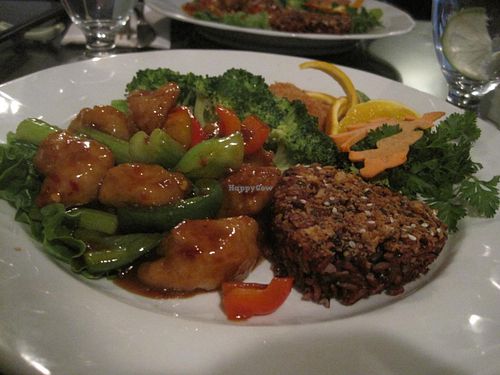 Kung Po 'chicken' with vegan fish (behind the broccoli), rice and vegetables at Zen Gardens - Quebec in Quebec