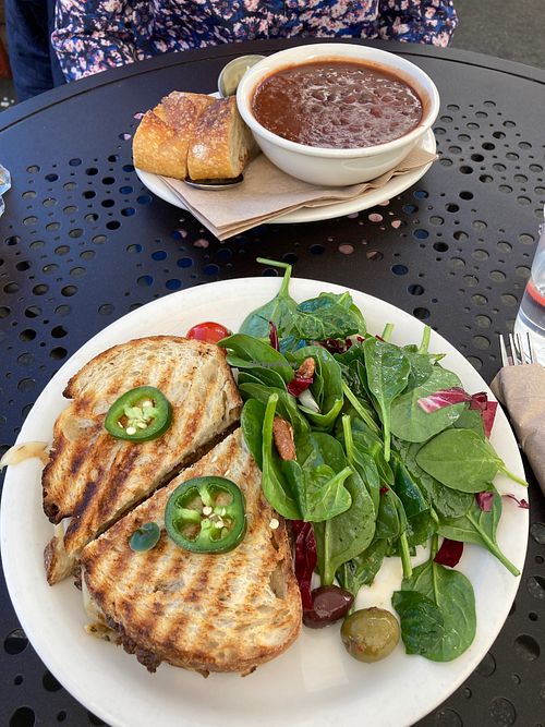 Bowl of chili and vegan patty melt at Urth Caffe in Hawthorne