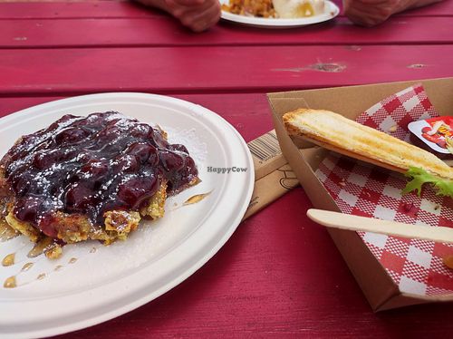 Waffle with cherries and baked bean jaffle at Waffles & Jaffles in Coonalpyn
