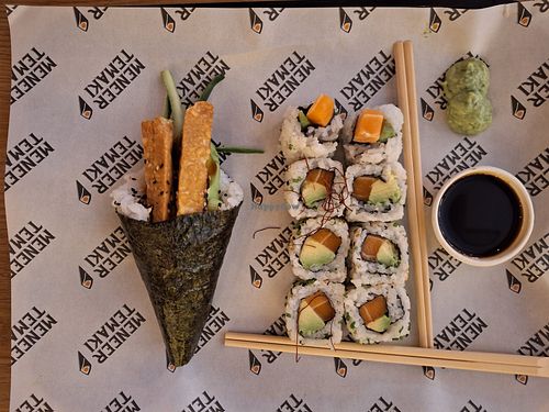 Temaki Crispy Tempeh and Vegan Salmon Sushi Rolls at Meneer in Amsterdam
