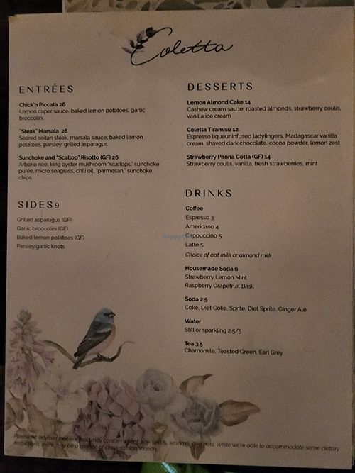 Menu at Coletta in New York City