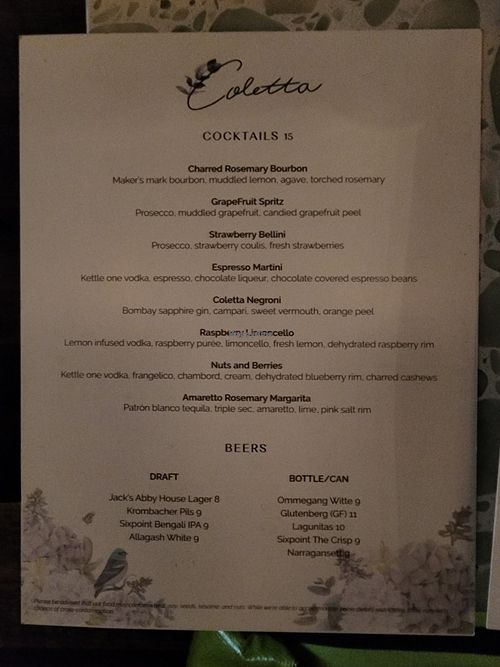 Menu at Coletta in New York City