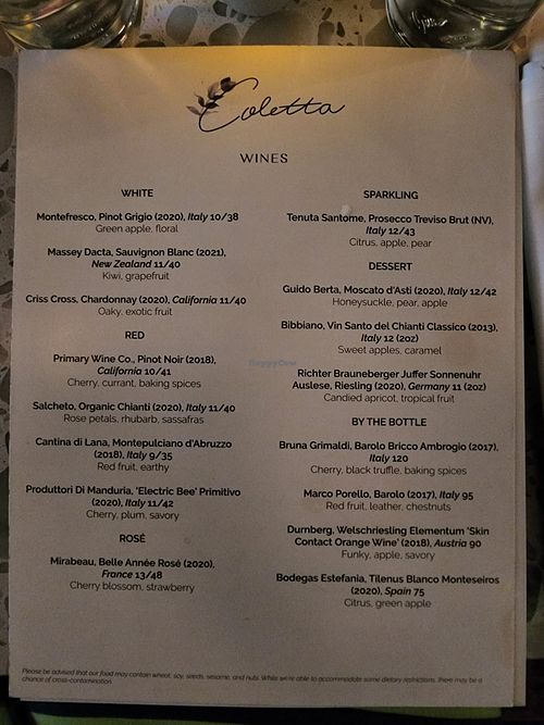 Menu at Coletta in New York City