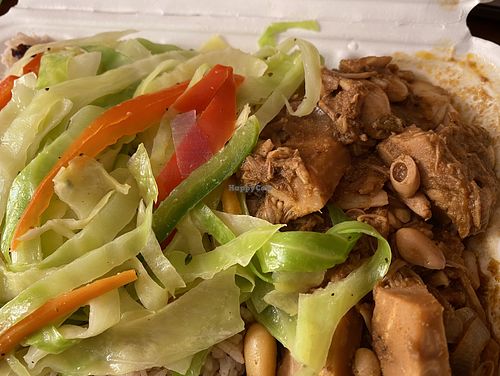 Mock oxtail, steamed cabbage, rice and beans  at Soulkofa in Brooklyn