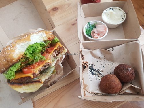 Classic Burger + Arancini (side of Aioli, pickled ginger and Seaweed salad) at Secret Burger Co in Newtown