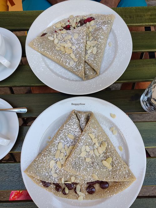 Belgian chocolate and raspberry vegan crepe (top) and Belgian chocolate and almond vegan crepe at Palačinka in Prague