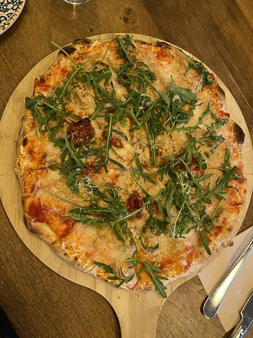 Tuna pizza  at Veganska Ölbaren in Stockholm