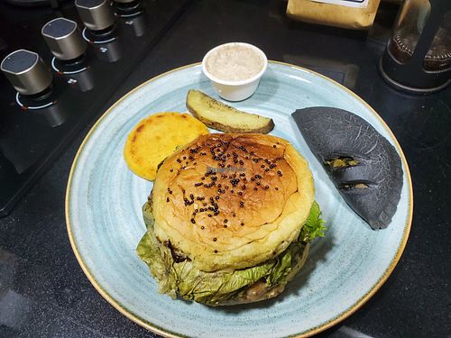 Burger kosmo alga (seaweed flavor blends in), mini arepa, delicious bean filled empanada at Cósmico Vegan in Bogota