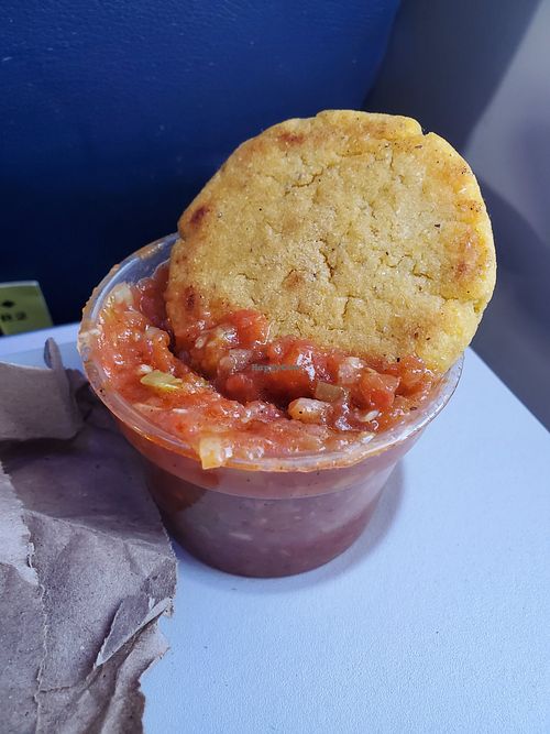 Mini arepa and bommmmmmmb salsa at Cósmico Vegan in Bogota